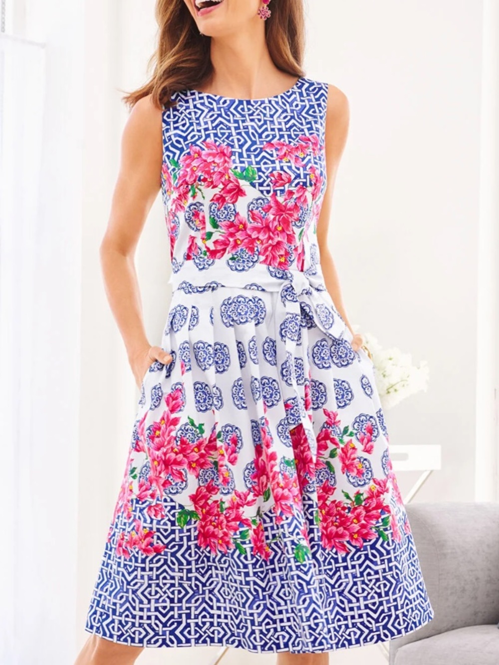 Talbots mosaic sateen Floral Sleeveless dress